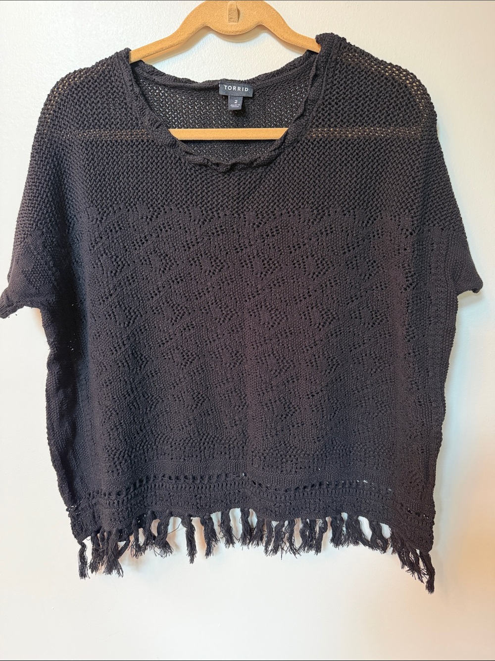 Torrid 100 % Cotton Black Crochet Fringe Pullover Sweater